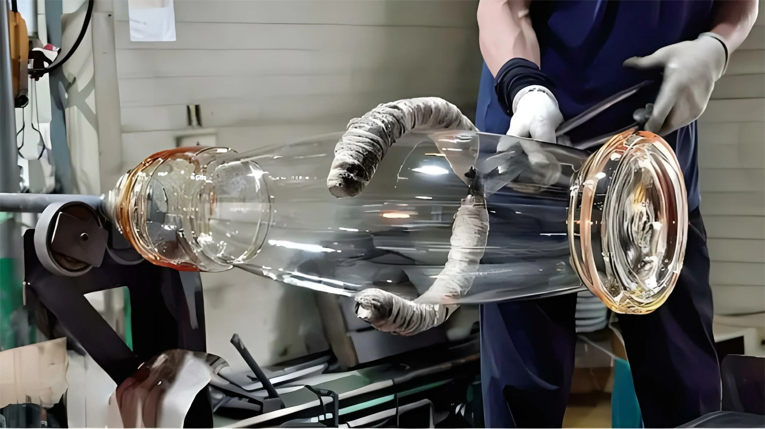 The molten glass is then transferred to a forming machine where it's shaped into a bottle. This phase involves pouring the molten glass into molds and applying air pressure to form the desired shape of the bottles.