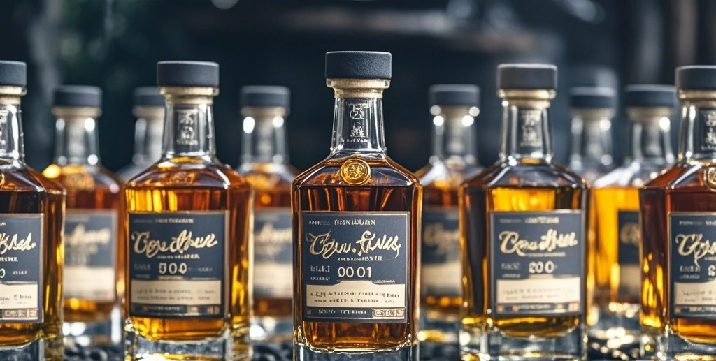 Intricate details such as embossed lettering, hand-sketched images, and unique label shapes add a tactile and visual richness that emphasizes the care and precision behind each bottle.