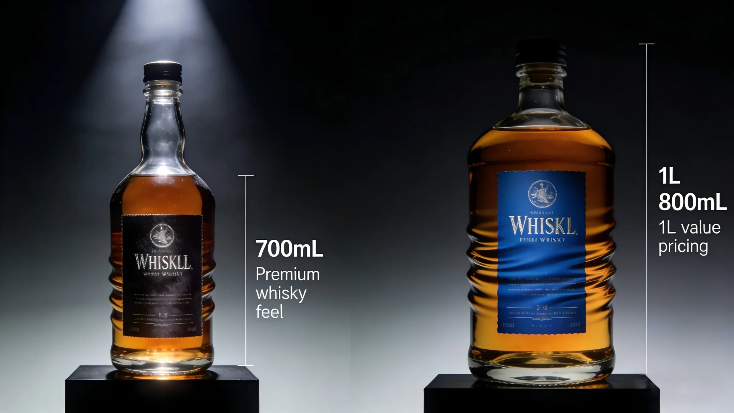 Choosing between a 700mL or 1L custom bottle shape depends on your brand goals.