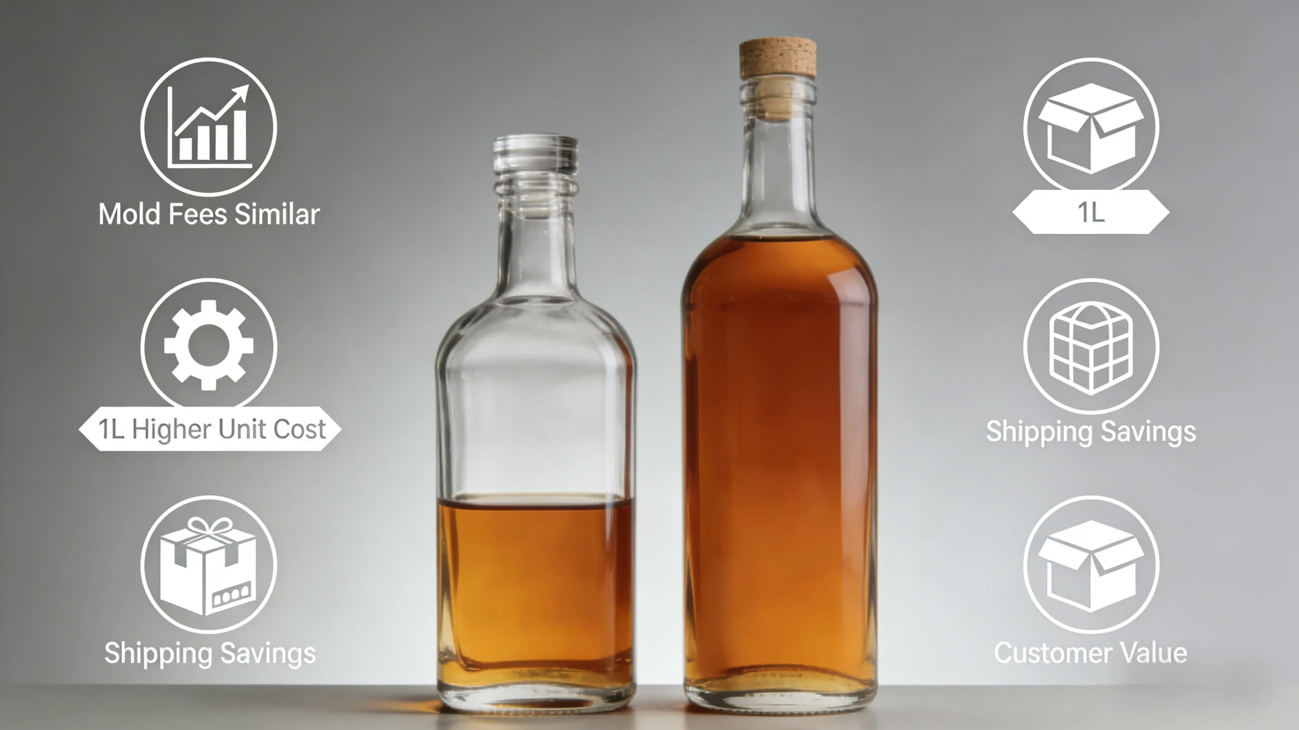 When comparing the same custom bottle shape at 700mL and 1L, neither size is strictly better in all cases.